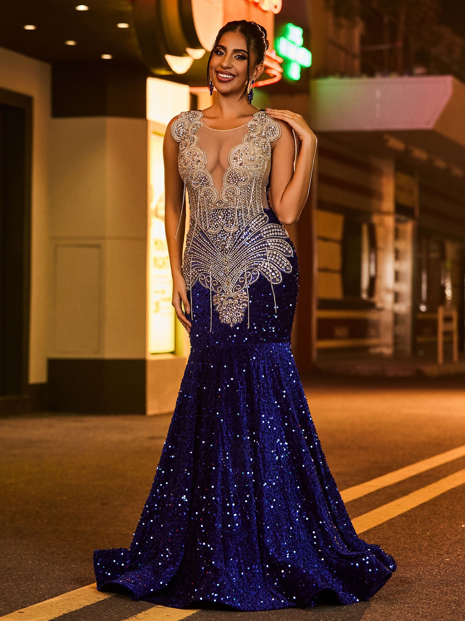 Illusion Mesh Rhinestones Sequins Mermaid Dress Royal Blue